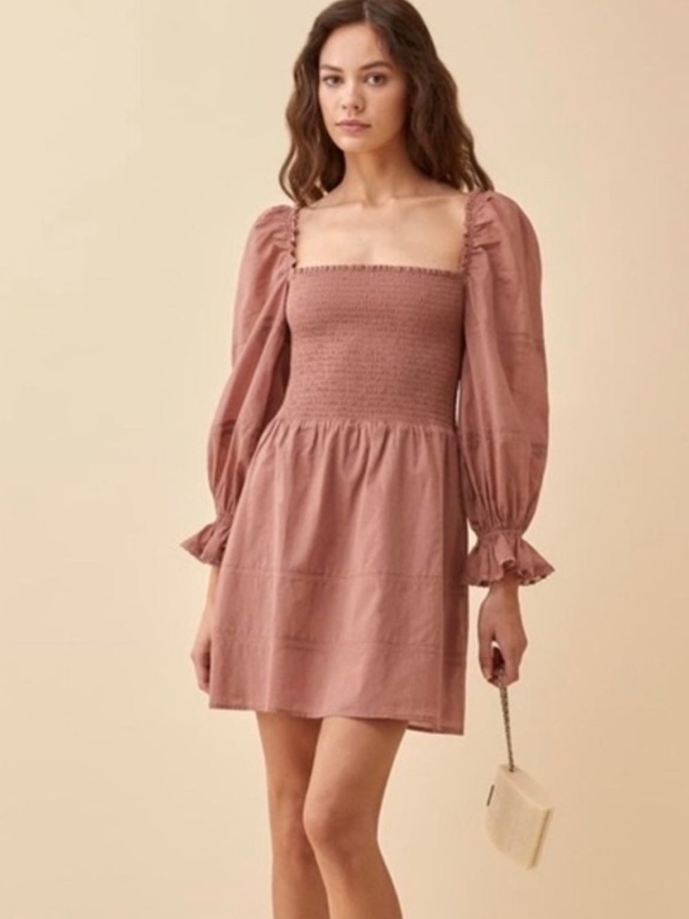 Reformation | Dunes Long Sleeve Smocked
Dress, SIZE 8  new with out tags